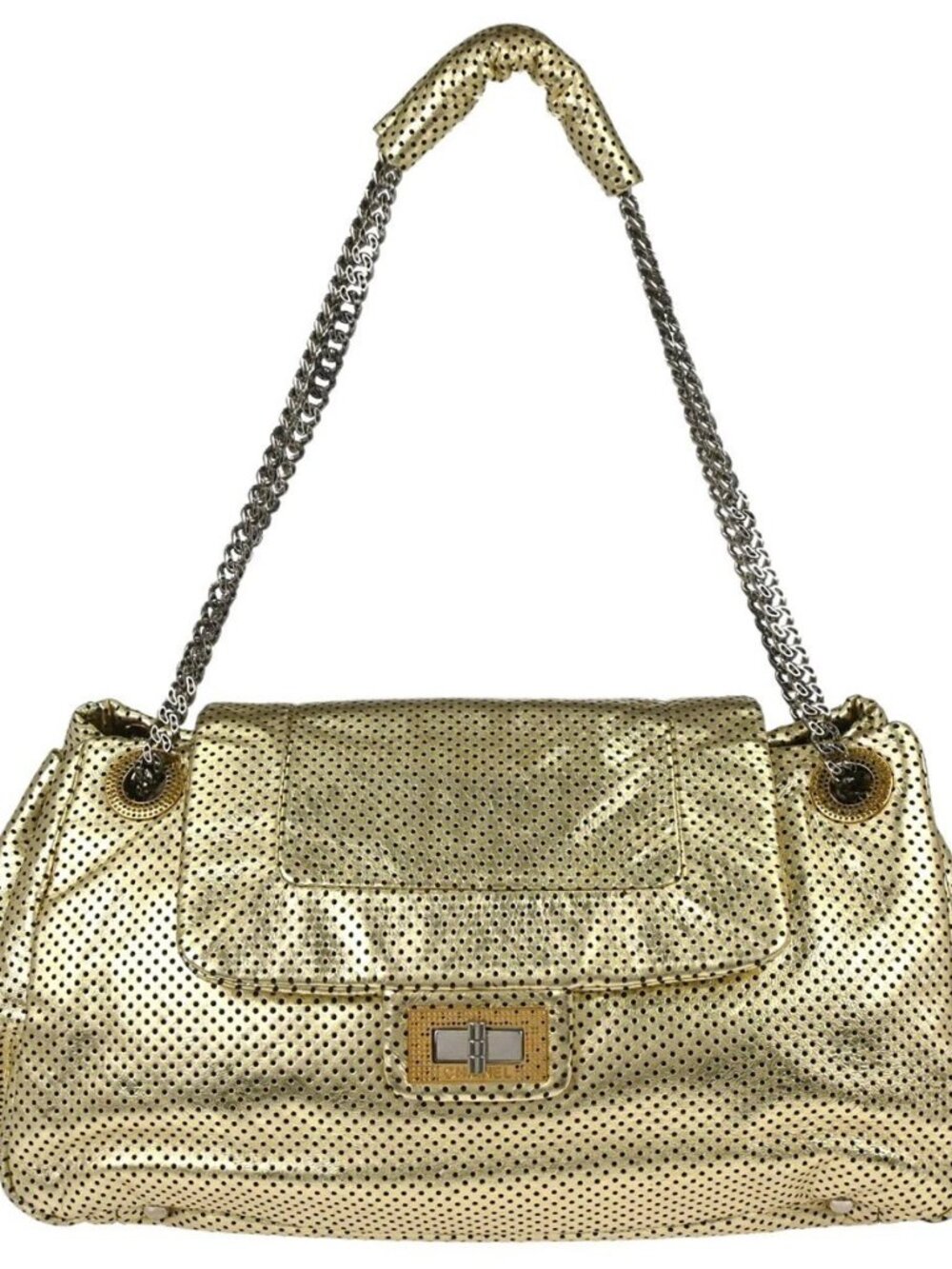 Chanel Gold Perforated Lambskin Mademoiselle Lock Accordion Flap Bag 197767